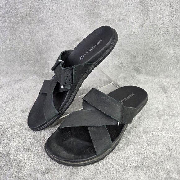 Womens Merrell Black Leather Slide Sandals With Cross Strap Design Size 8 - Picture 2 of 9